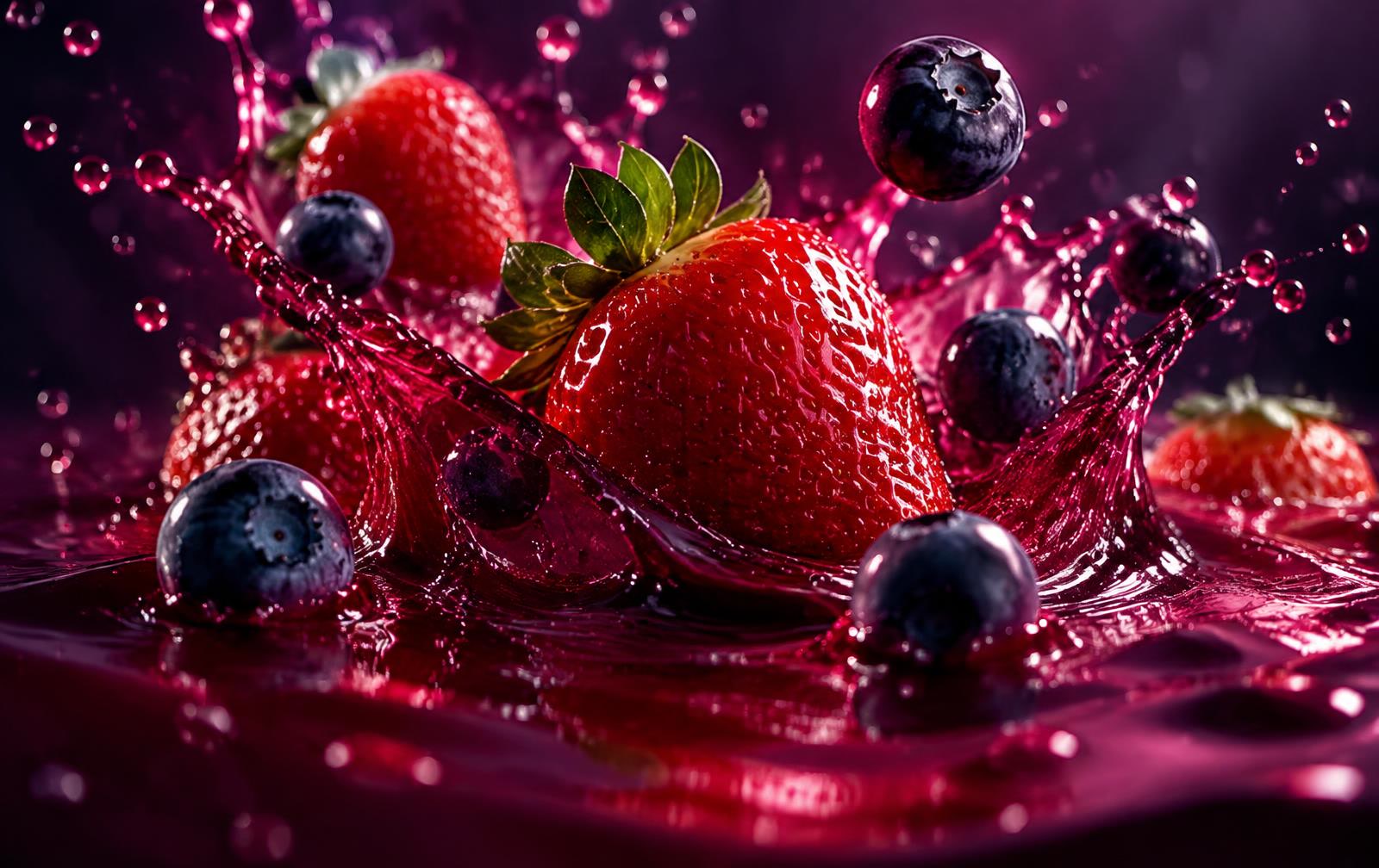 Strawberries and blueberries splashing into deep red berry juice