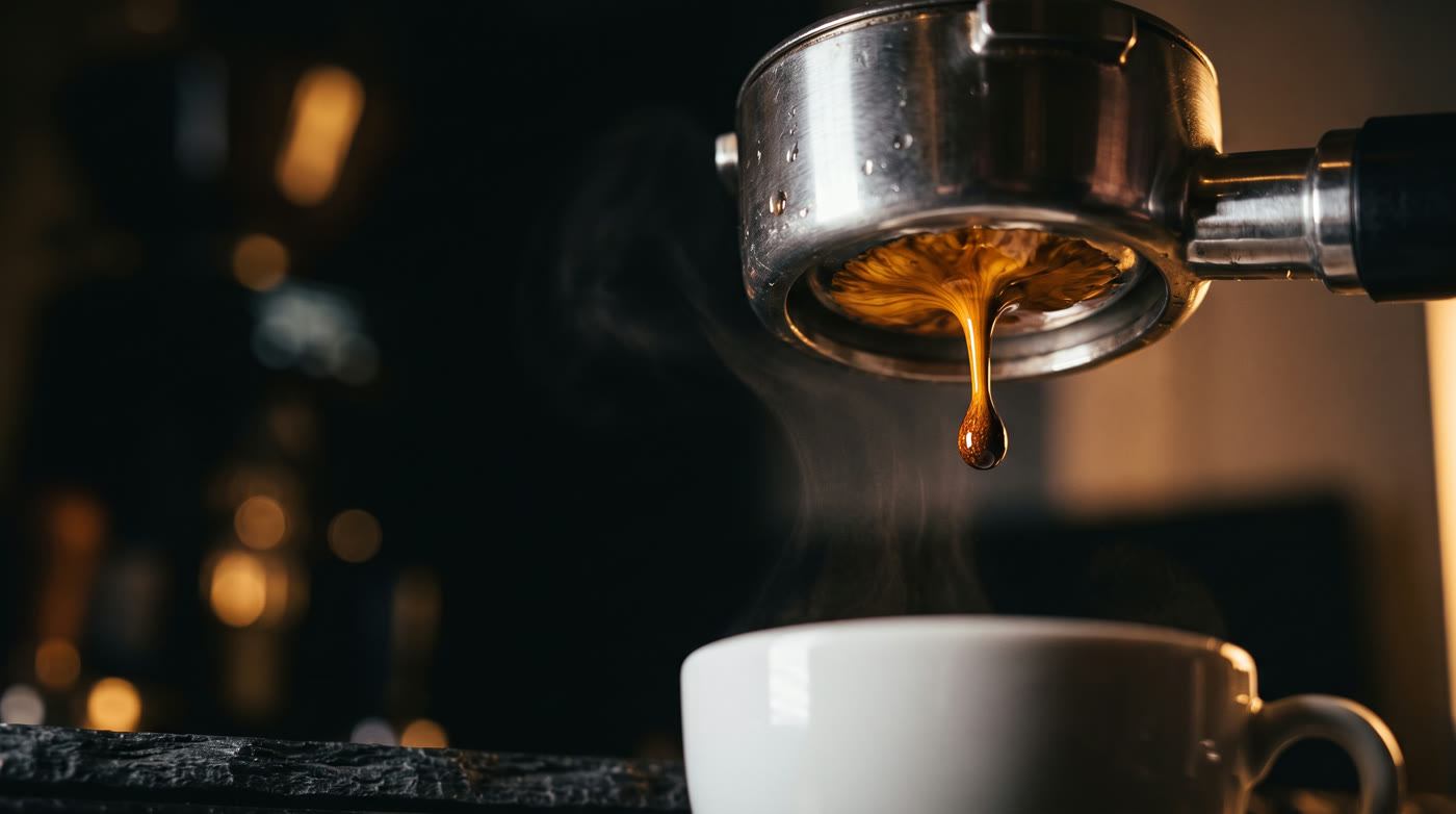 Espresso falling from a steel portafilter into a white cup