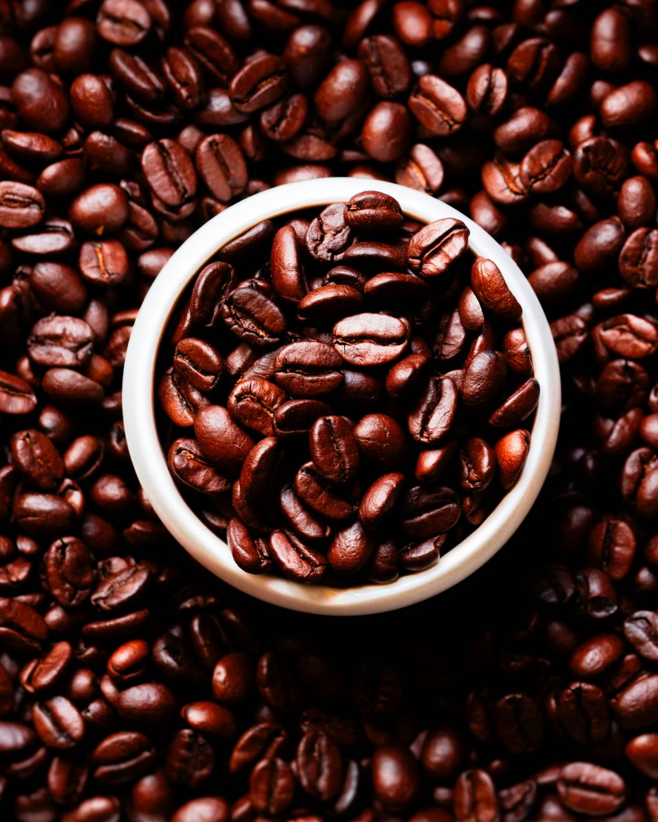 A white bowl full of dark roasted coffee beans